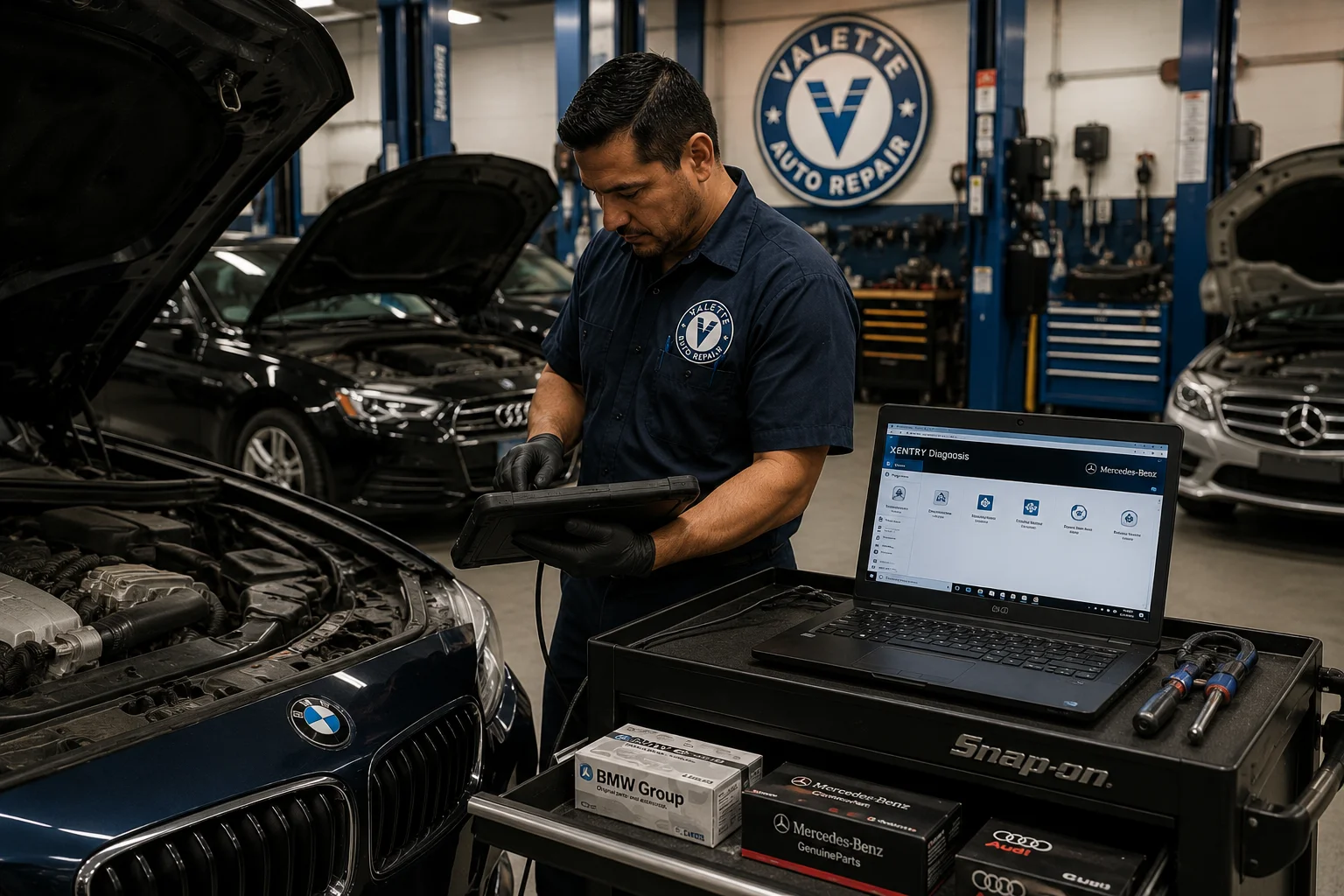 Valette Auto Repair technician performing factory-grade diagnostics on a BMW with XENTRY software, Mercedes-Benz and Audi genuine parts in the Chandler service bay