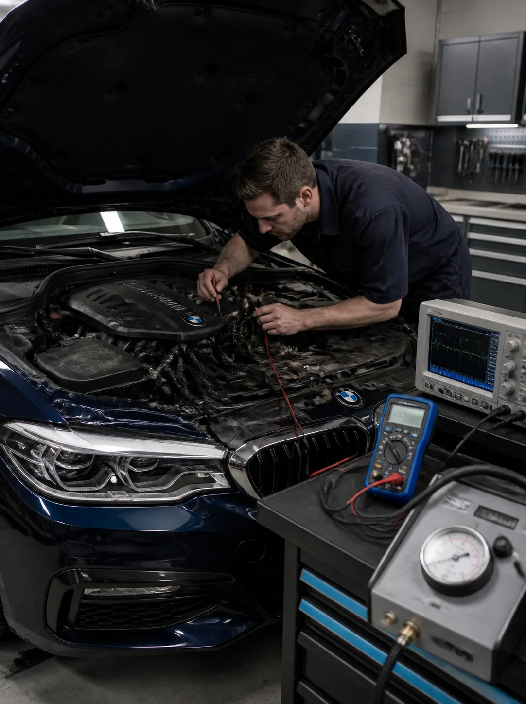 Valette Auto Repair technician mechanically testing a BMW engine bay and probing a wiring harness with a multimeter and oscilloscope in Chandler