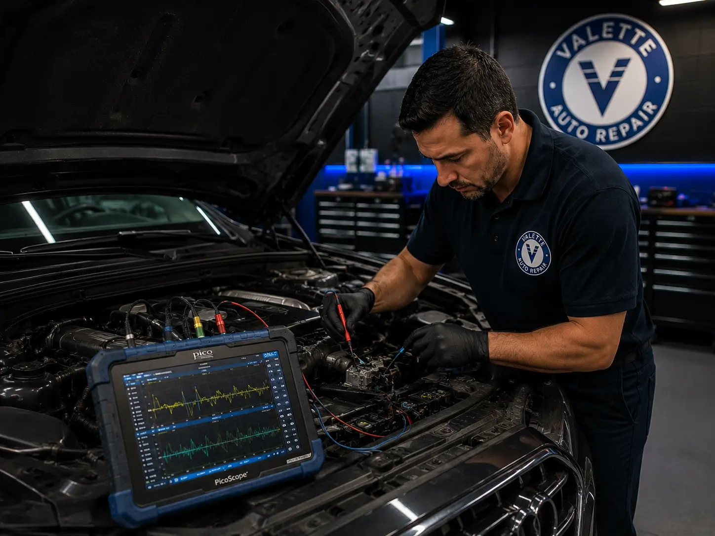 Valette Auto Repair technician using a PicoScope oscilloscope to diagnose engine electrical faults on a BMW in the Chandler workshop