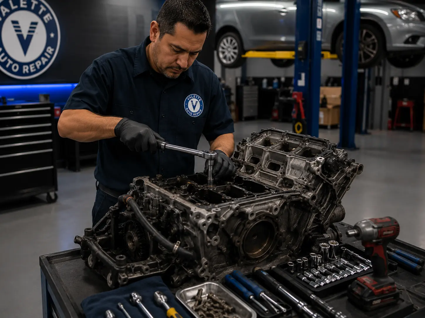 Valette Auto Repair technician rebuilding an engine block with precision tools in the Chandler workshop