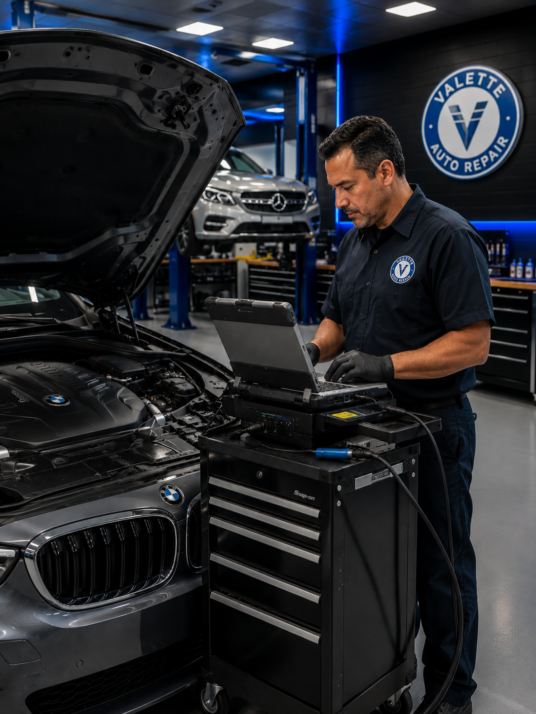 Valette Auto Repair technician running factory diagnostics on a BMW engine bay beside a Mercedes-Benz in the Chandler workshop