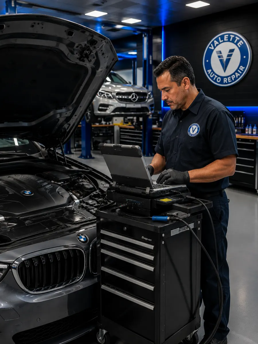 Valette Auto Repair technician running factory diagnostics on a BMW engine bay beside a Mercedes-Benz in the Chandler workshop