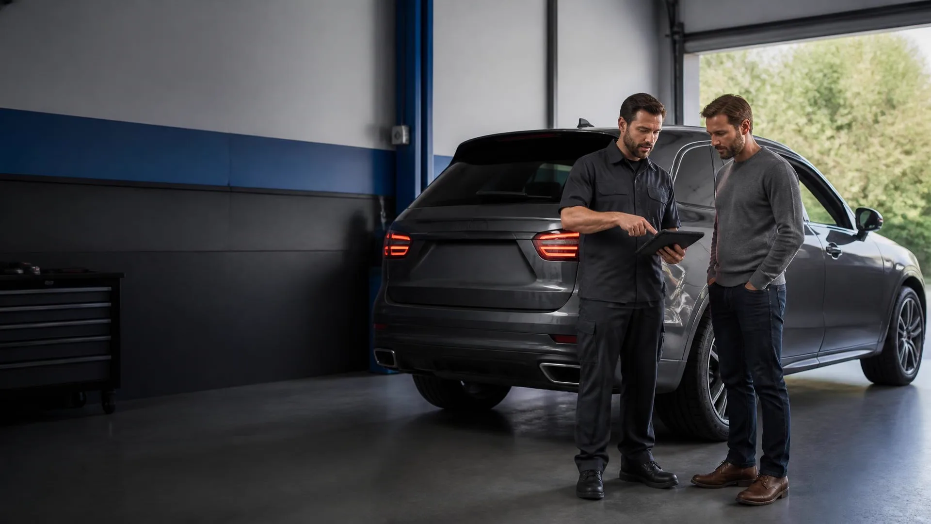 Valette Auto Repair technician explaining a diagnostic result to a customer on a tablet beside a European SUV