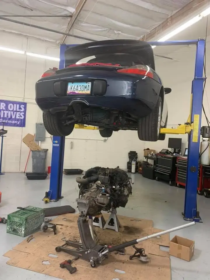 Porsche Boxster engine removal in progress at Valette Auto Repair in Chandler