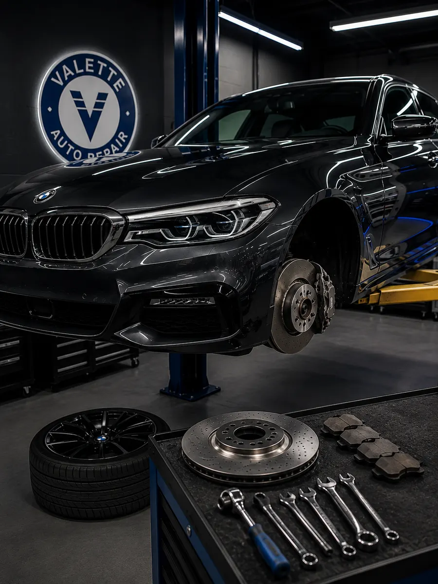 Black BMW on a lift at Valette Auto Repair in Chandler, with brake rotors, pads, tools and fluids on a service cart and the Valette Auto Repair logo on the wall