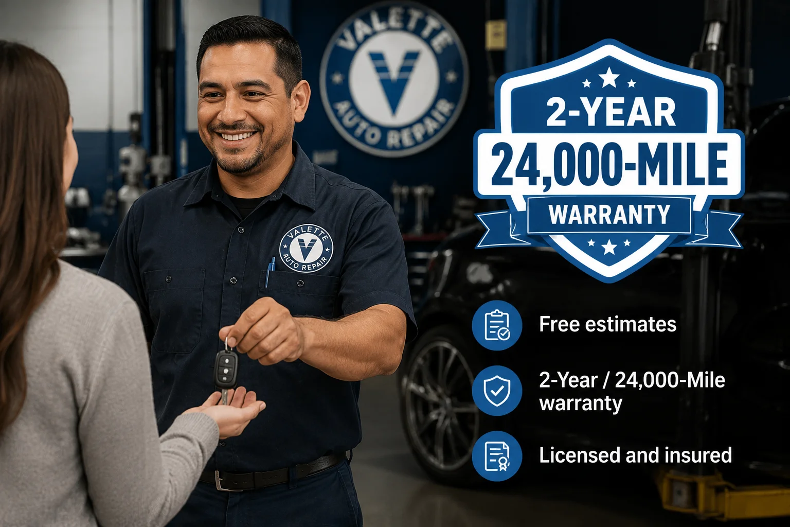 Valette Auto Repair technician handing keys to a customer with a 2-Year / 24,000-Mile warranty badge, free estimates, and licensed and insured icons