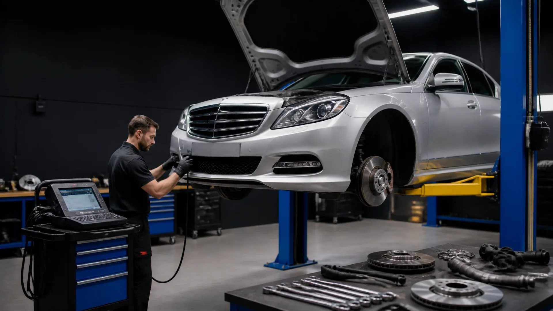 Technician running engine bay diagnostics on a Mercedes-Benz raised on a lift at Valette Auto Repair in Chandler