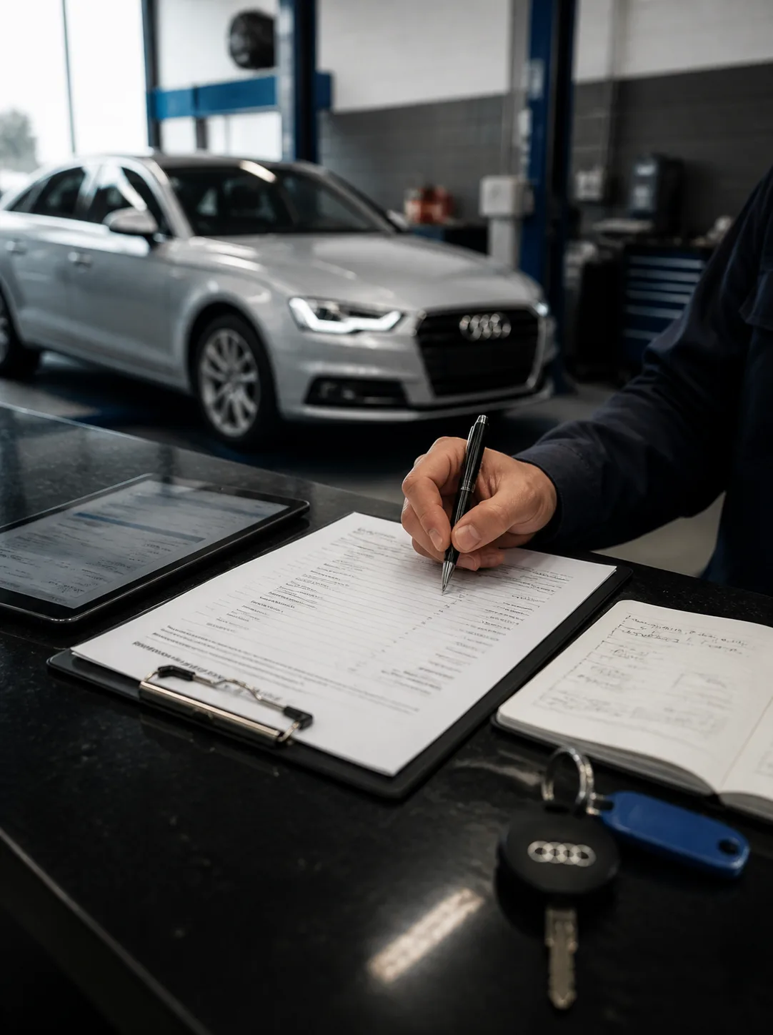 Written repair estimate on a clipboard at the Valette Auto Repair service counter with a silver Audi waiting in the Chandler service bay