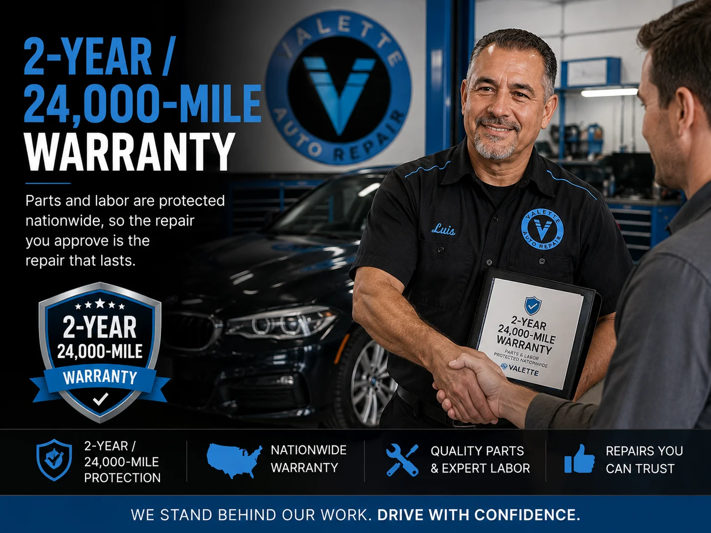 Luis Valette shaking hands with a customer beside a serviced BMW after a warranty-backed repair in Chandler