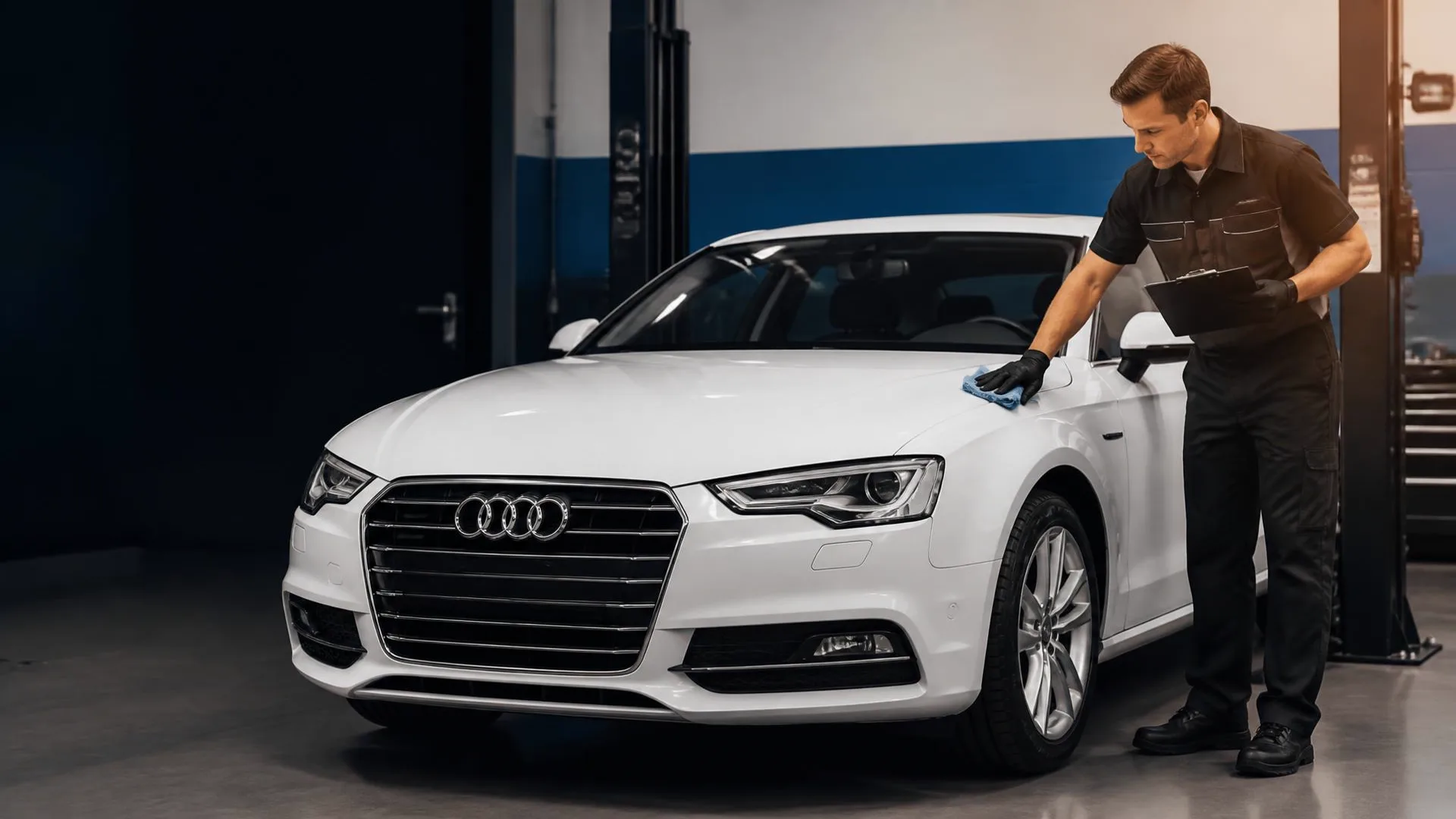 Technician completing a final quality inspection on a freshly serviced white Audi at Valette Auto Repair