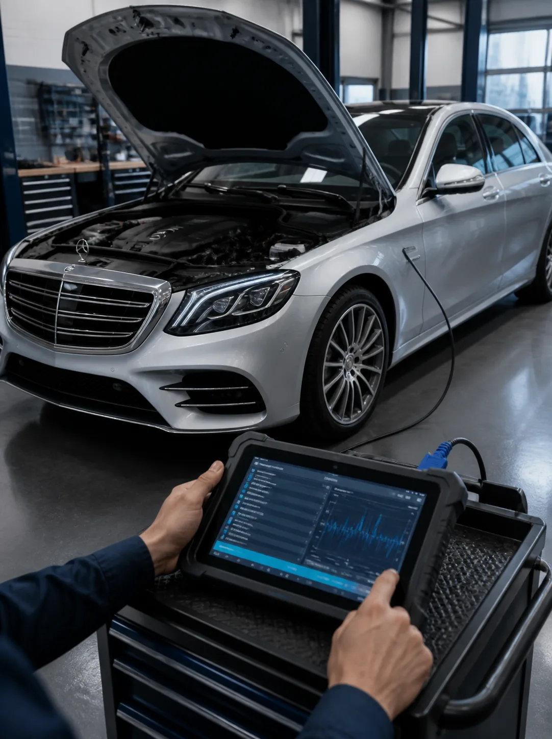 Mercedes-Benz S-Class with the hood open connected to a professional diagnostic scan tool while fault codes are evaluated at Valette Auto Repair in Chandler