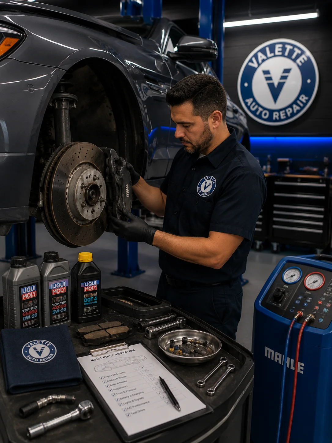 Valette Auto Repair technician performing a multi-point brake and preventative maintenance inspection on a European vehicle in the Chandler workshop