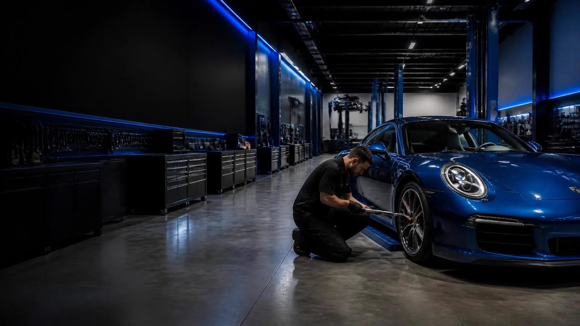 Blue Porsche 911 being serviced by a technician under workshop lighting at Valette Auto Repair in Chandler