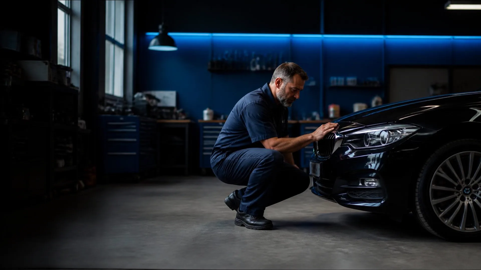 Owner-operator technician inspecting a black BMW luxury sedan inside the clean Valette Auto Repair workshop in Chandler