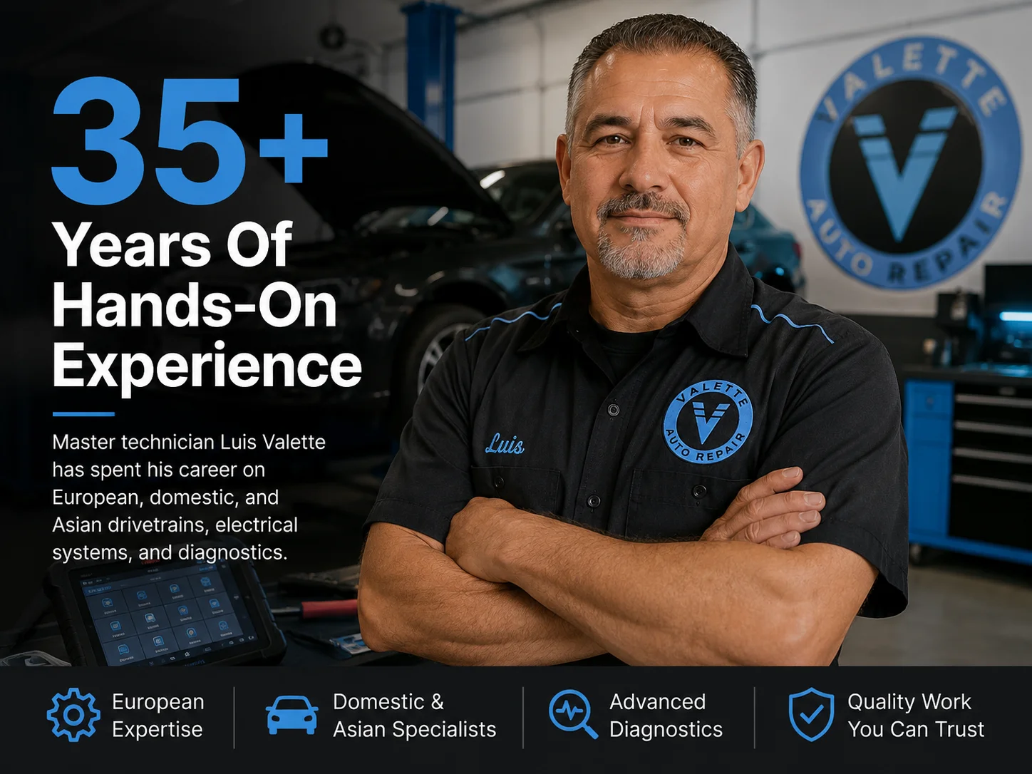 Master technician Luis Valette standing with arms crossed in the Valette Auto Repair workshop in Chandler, Arizona