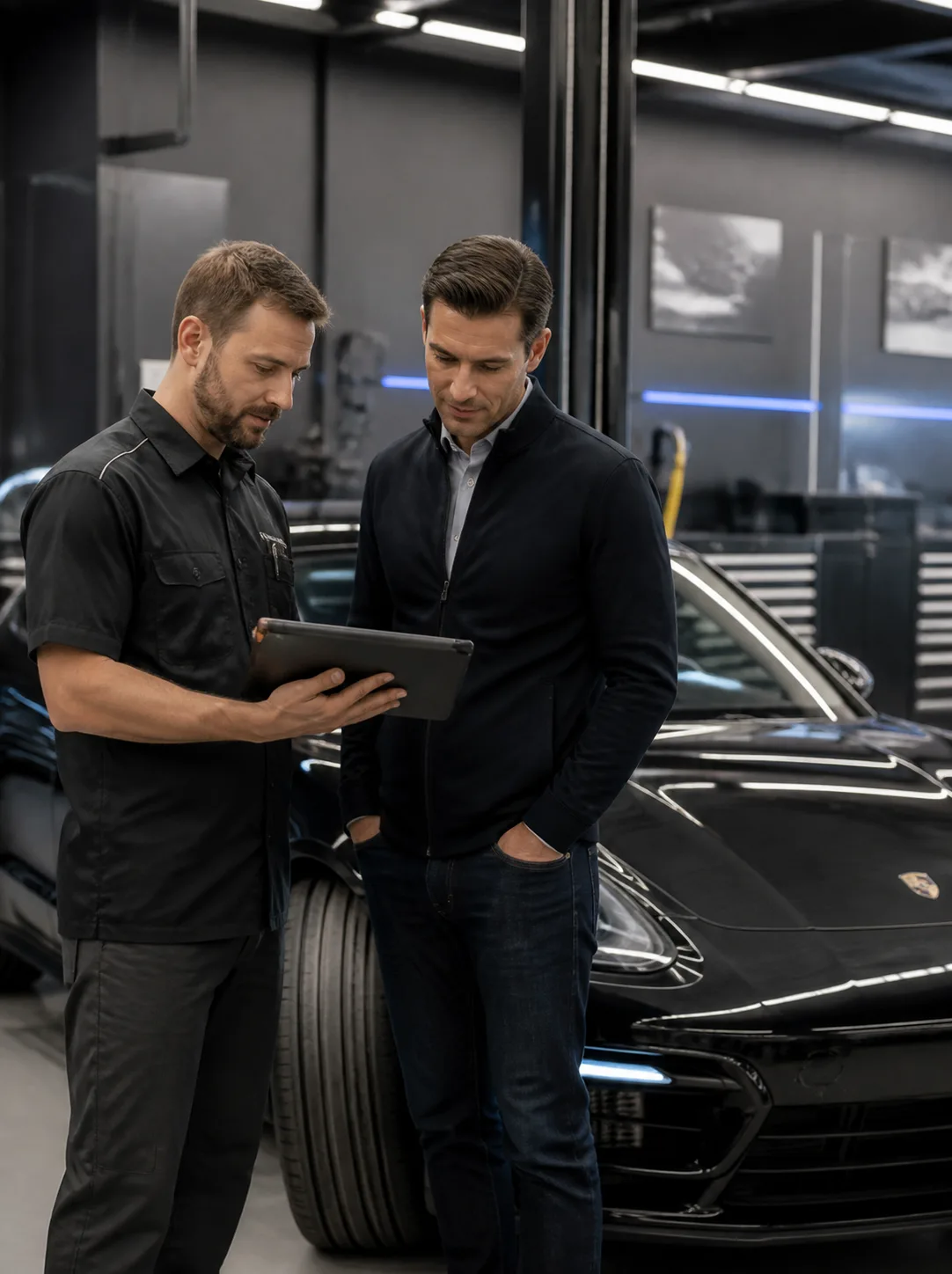 Valette Auto Repair technician explaining inspection findings on a tablet to a customer beside a black Porsche in the Chandler workshop