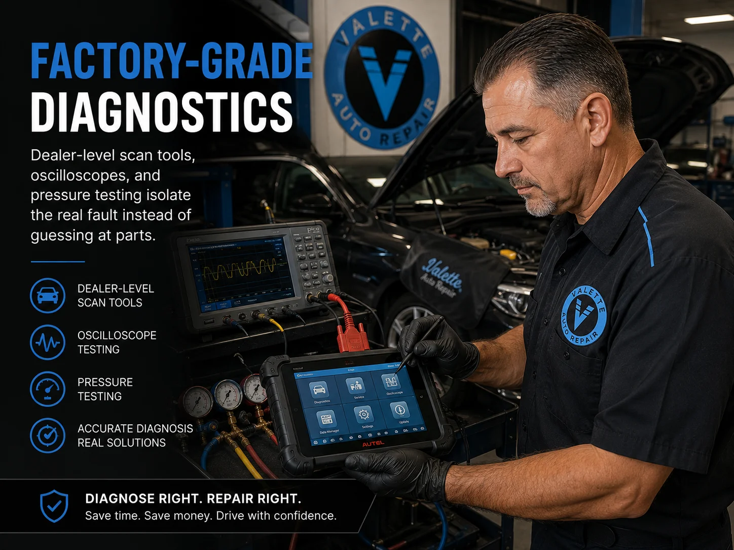 Technician using a dealer-level scan tablet, oscilloscope, and pressure gauges on a European vehicle at Valette Auto Repair