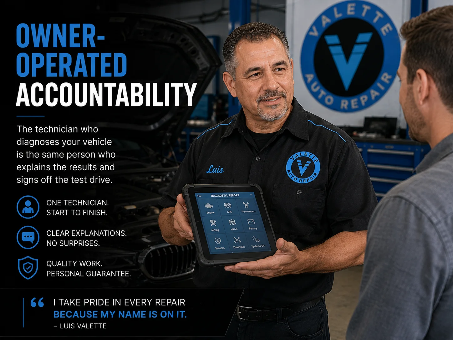 Luis Valette showing a customer the diagnostic report on a tablet in the Valette Auto Repair workshop
